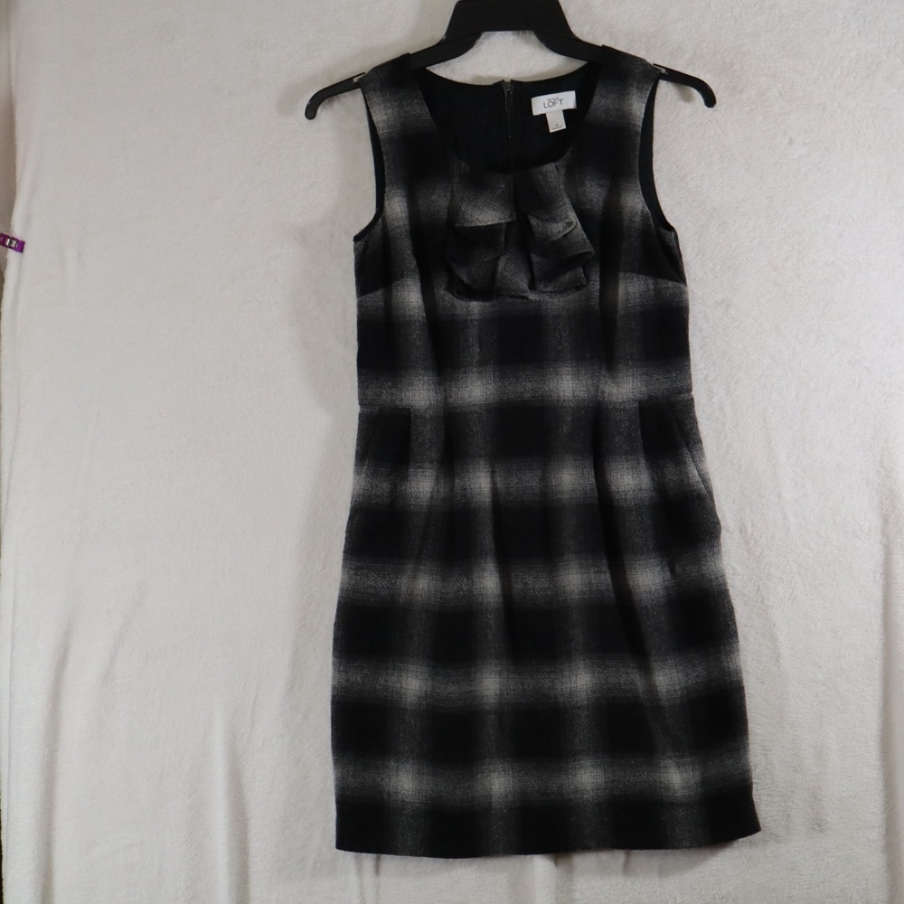 Ann Taylor LOFT Women's Dress Sleeveless Plaid Bow Neck Gray Black Size 0